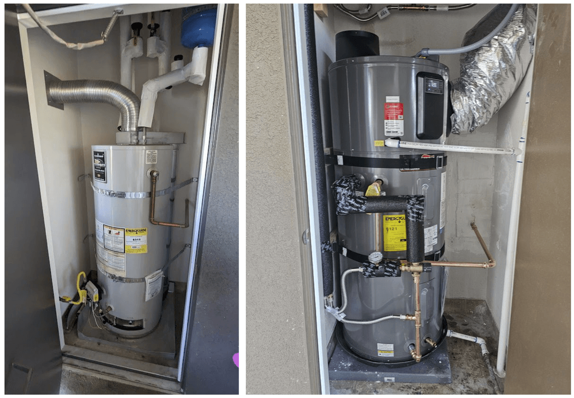 A before and after image of water heaters in a white utility closet.
