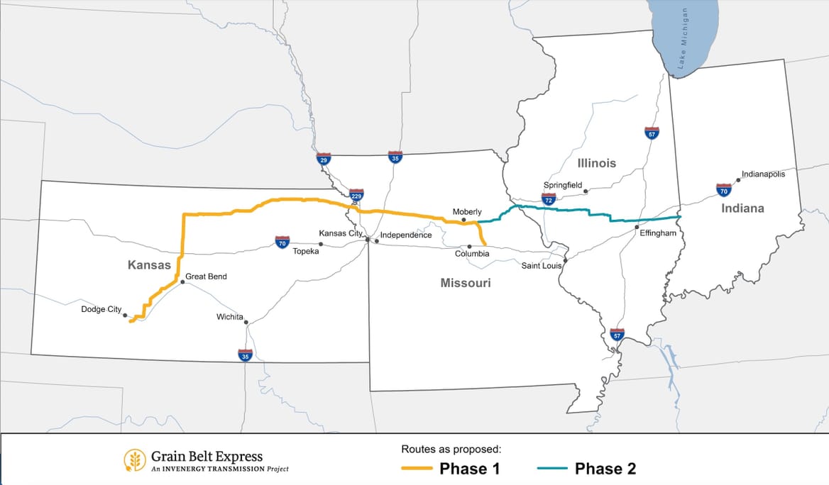 A map of Phase 1 and Phase 2 of the Grain Belt Express transmission project