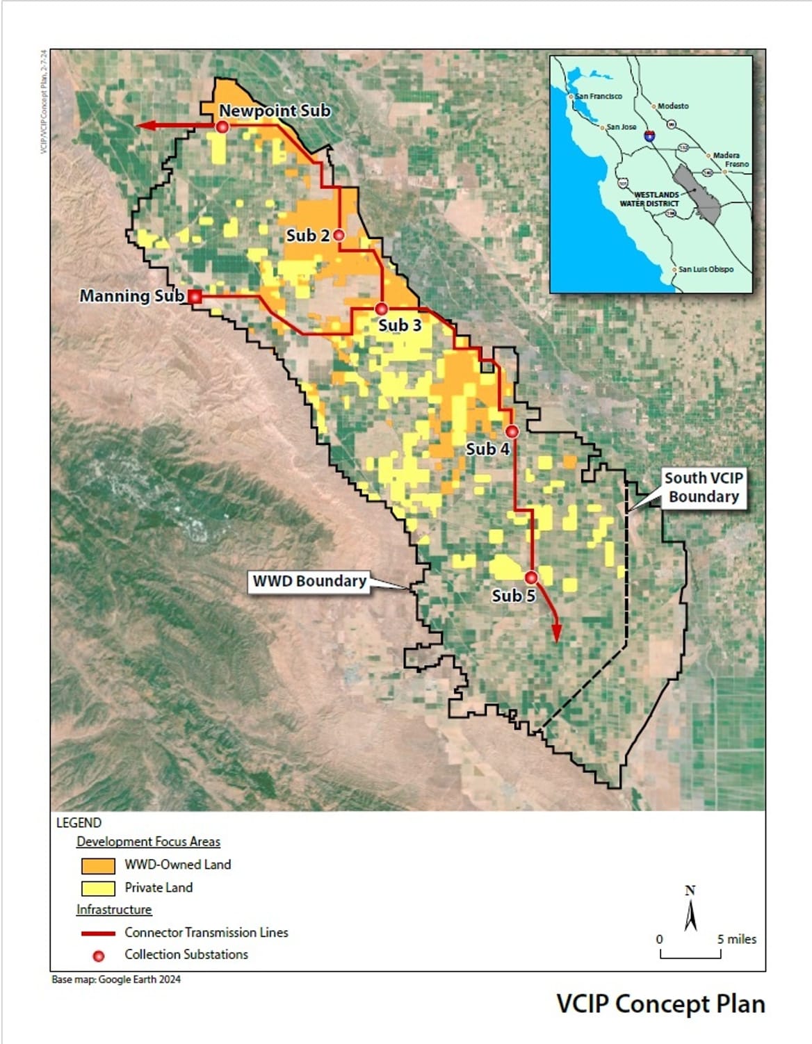 Map of the Westlands Water District with a black boundary line and yellow- and orange-shaded development areas