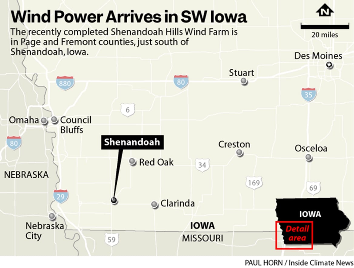 A map of southwest Iowa titled "Wind Power Arrives in SW Iowa," by Paul Horn/Inside Climate News, showing Shenandoah