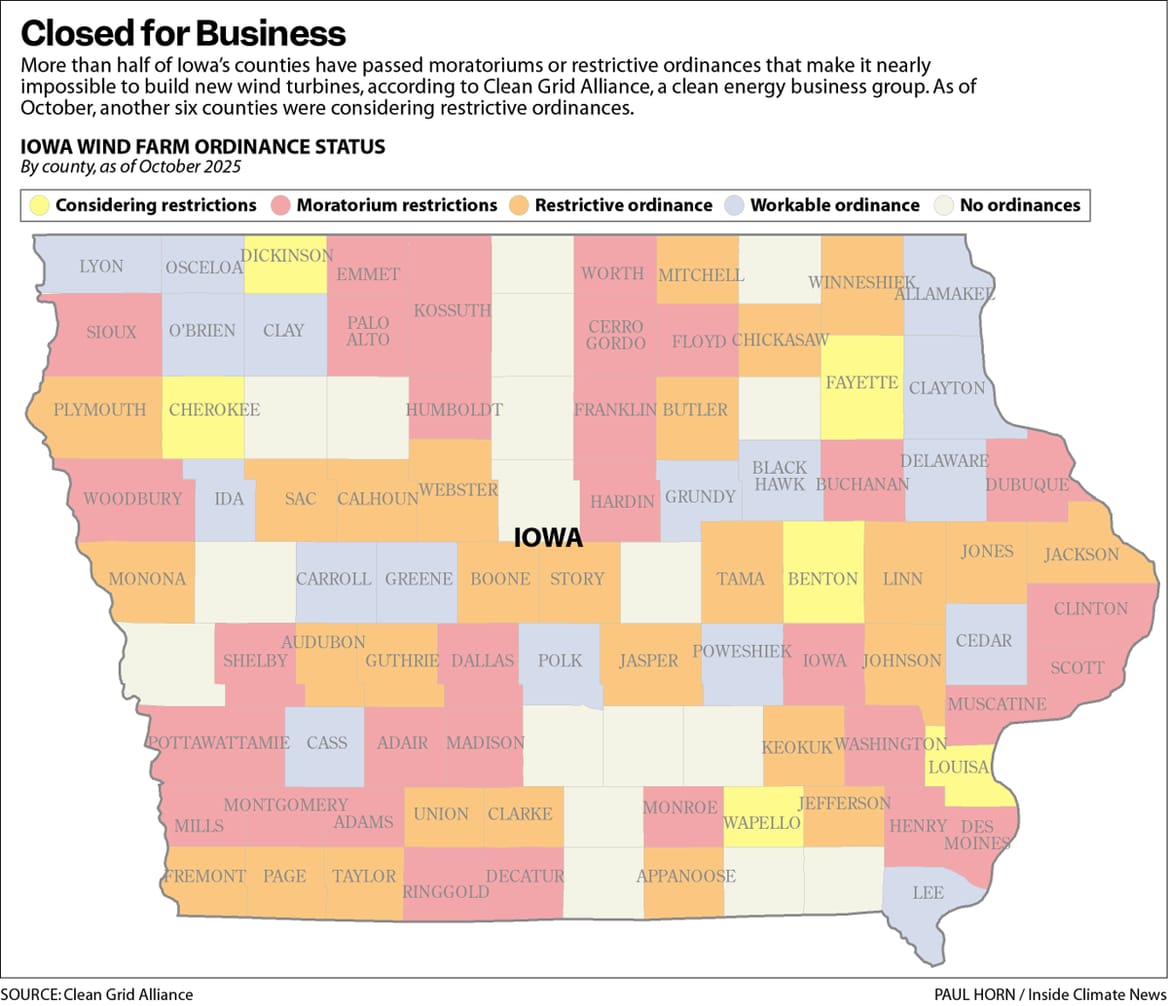 Map of Iowa counties showing restrictions on wind turbines, by Paul Horn/Inside Climate News, sourced to Clean Grid Alliance
