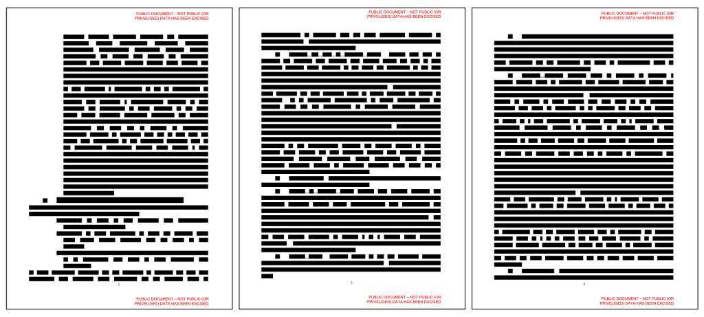 A three-page document in which every word has been blacked out