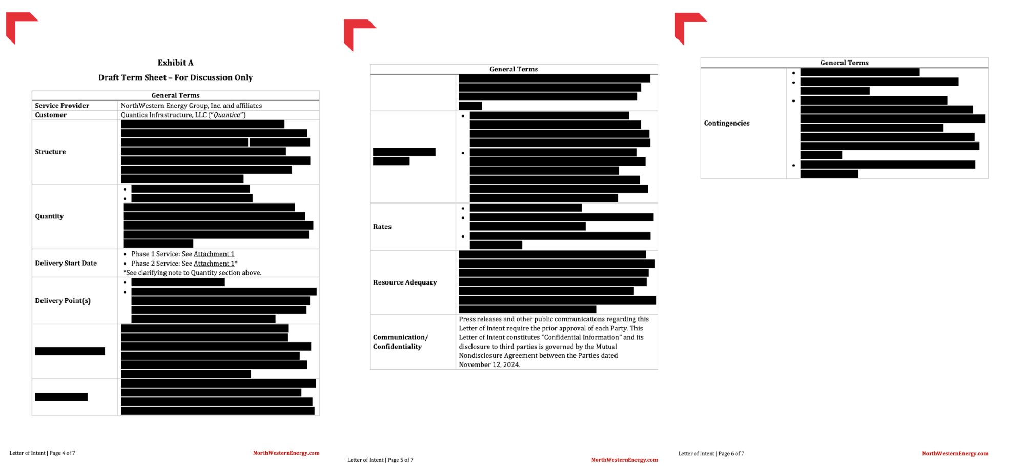 Three pages of a document in which most of the words have been blacked out 