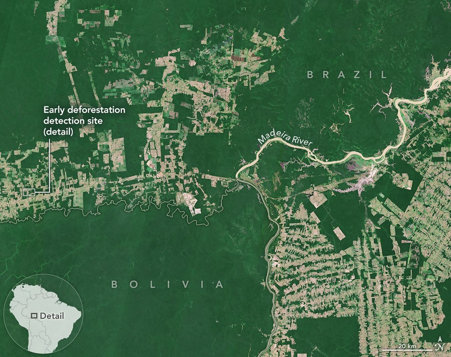 Satellite image of the Amazon rainforest showing dense green forest broken by brown patches of deforestation and infrastructure.