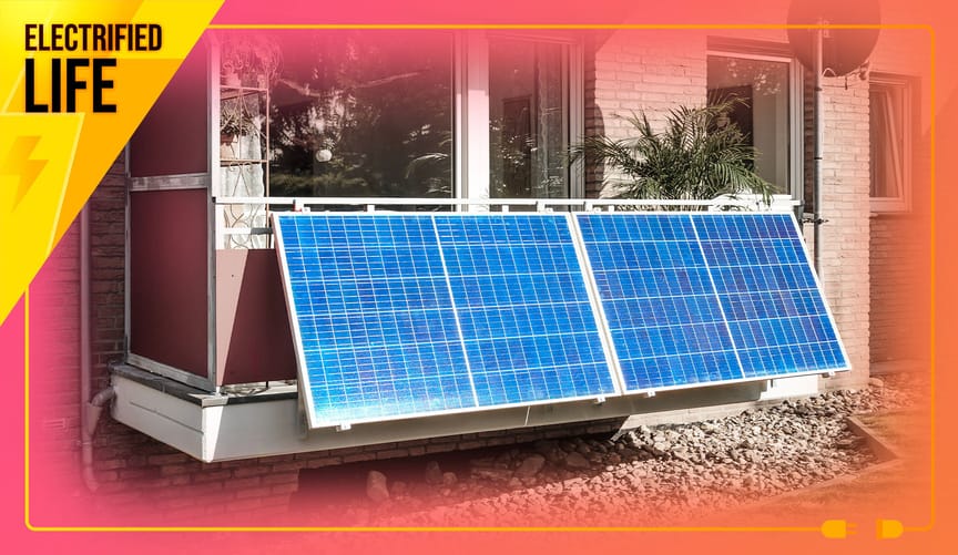 "Electrified Life" in a yellow triangle in the top left corner with an image of two solar panels hanging on a balcony
