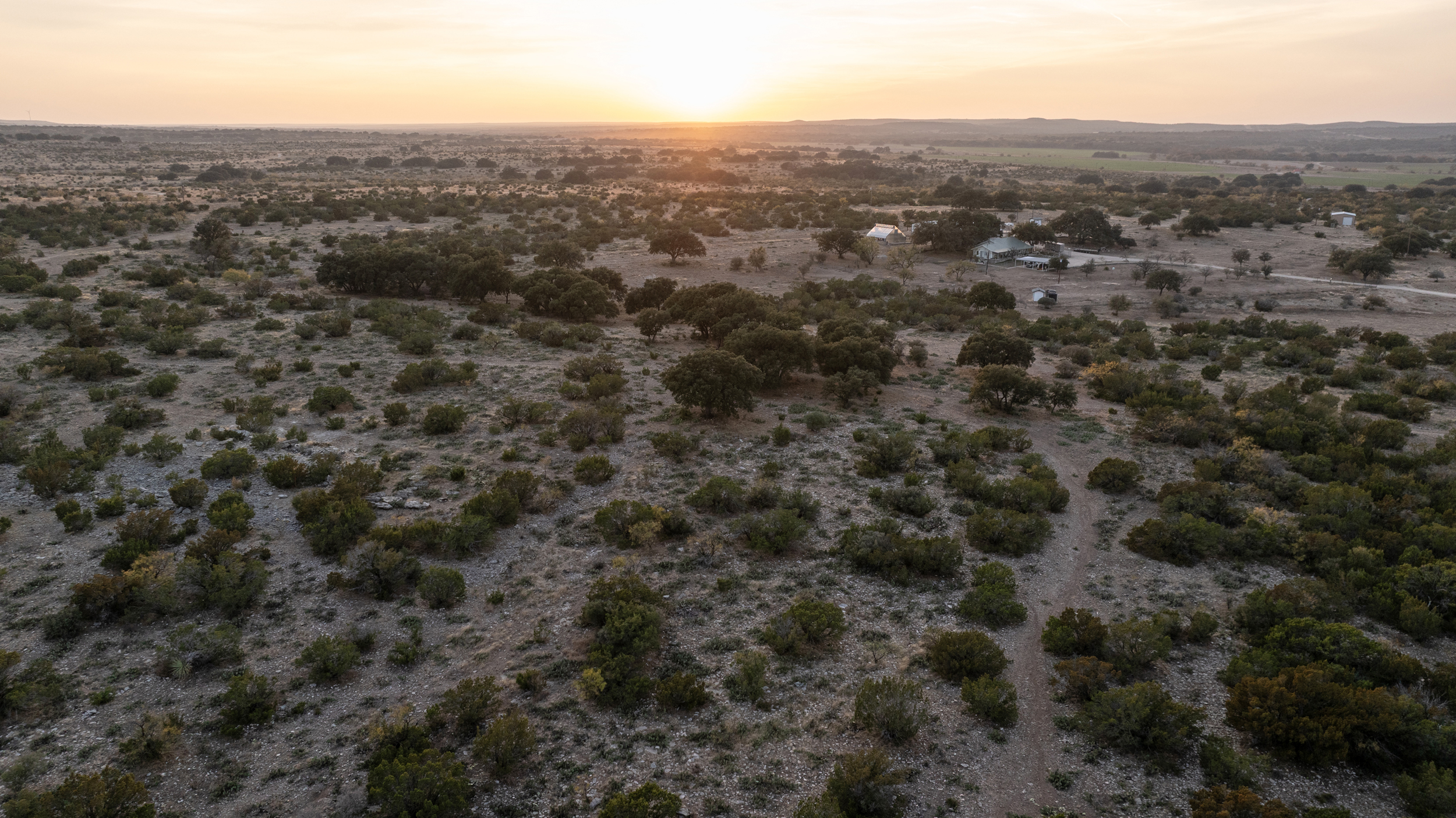 An aerial view of Jackie Lynn Chesnutt’s property in Tom Green County, Texas, on Nov. 18, 2025. She has owned the ranch for nearly three decades and worked to increase tree cover and provide wildlife habitat.