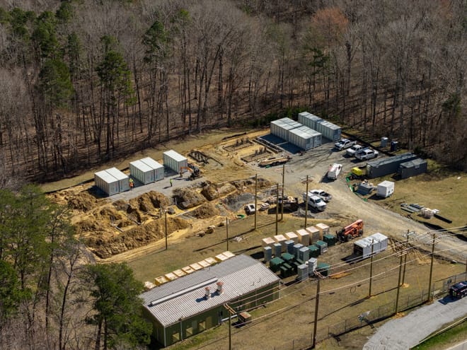 Aerial view of battery storage system being installed