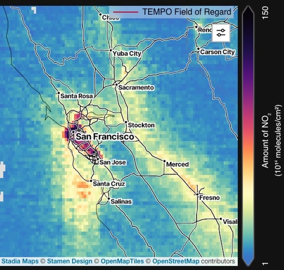A heat map image showing reds and purples around San Francisco, indicating high NO2 pollution.