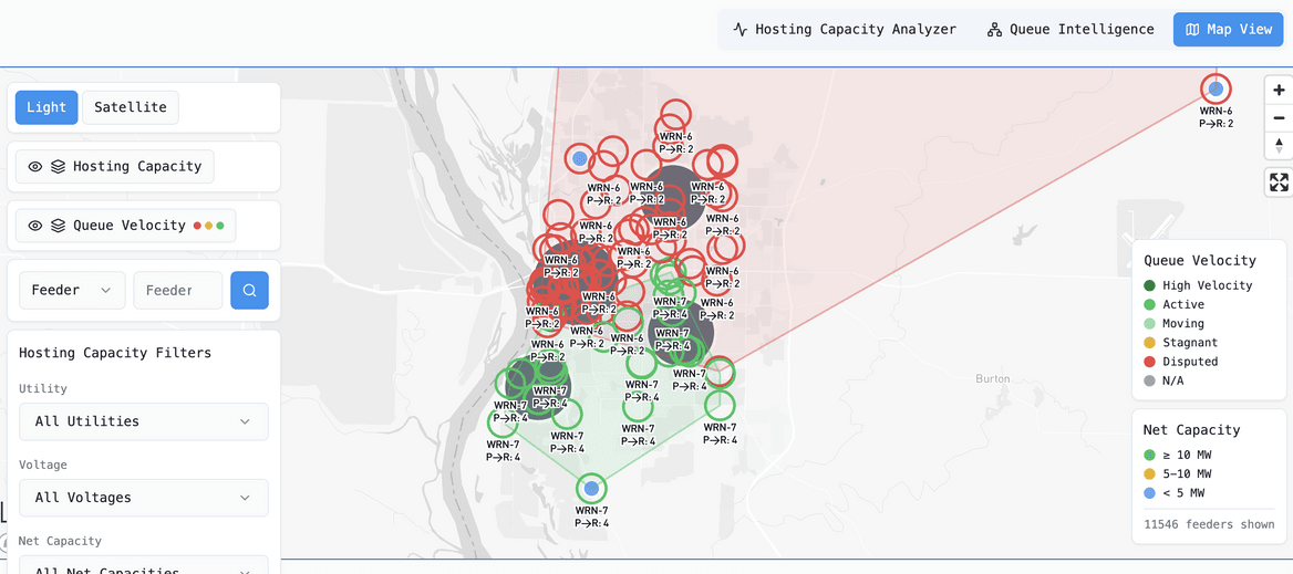 Map with variously colored circles showing where grid lines are long to short