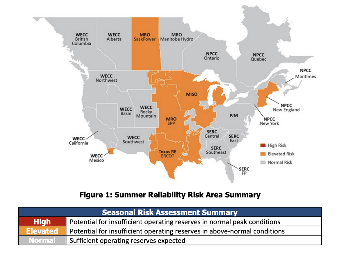 Map of US and Canada showing six regions or risk in orange