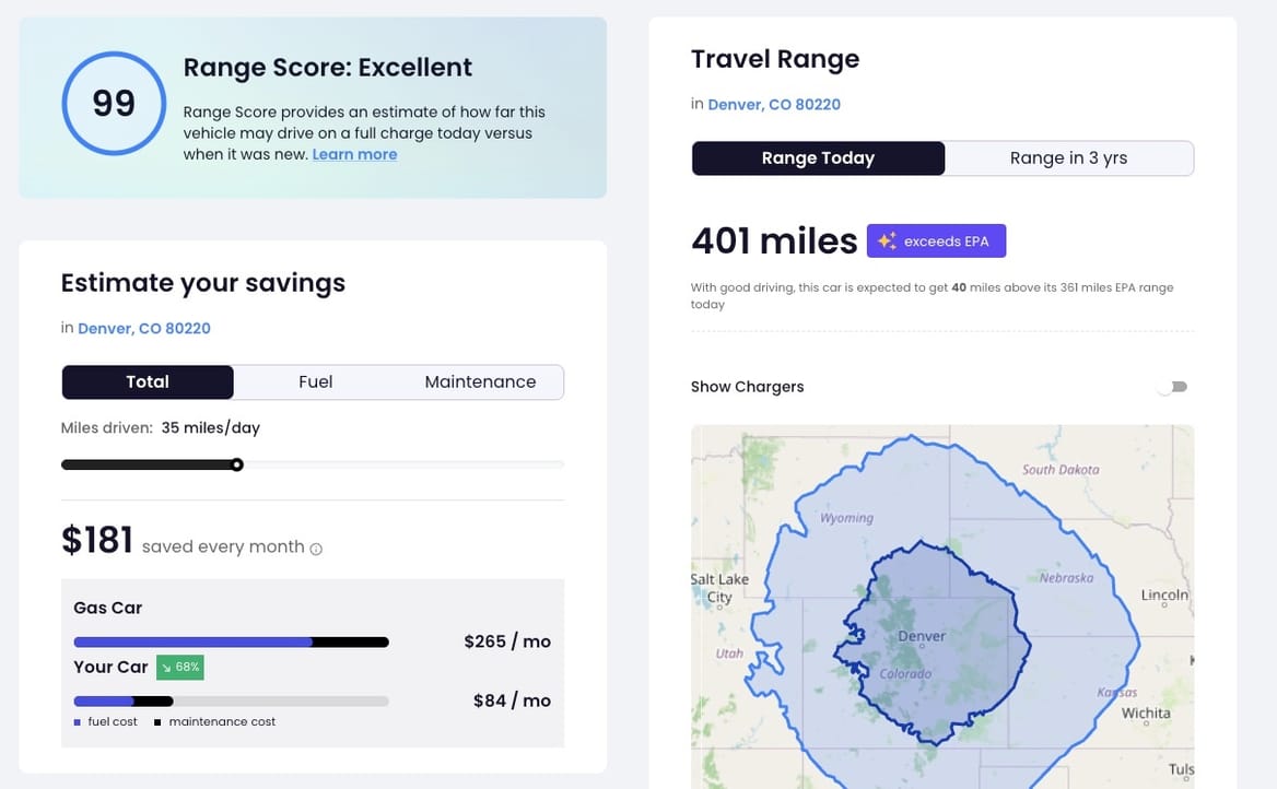 Recurrent report screenshot on used EV's predicted driving range, which extends from Denver into multiple states.