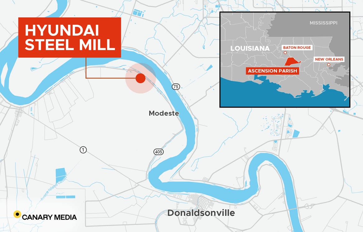 Map showing location of Hyundai steel mill site along the Mississippi River, along with Donaldsonville and Modest, Louisiana