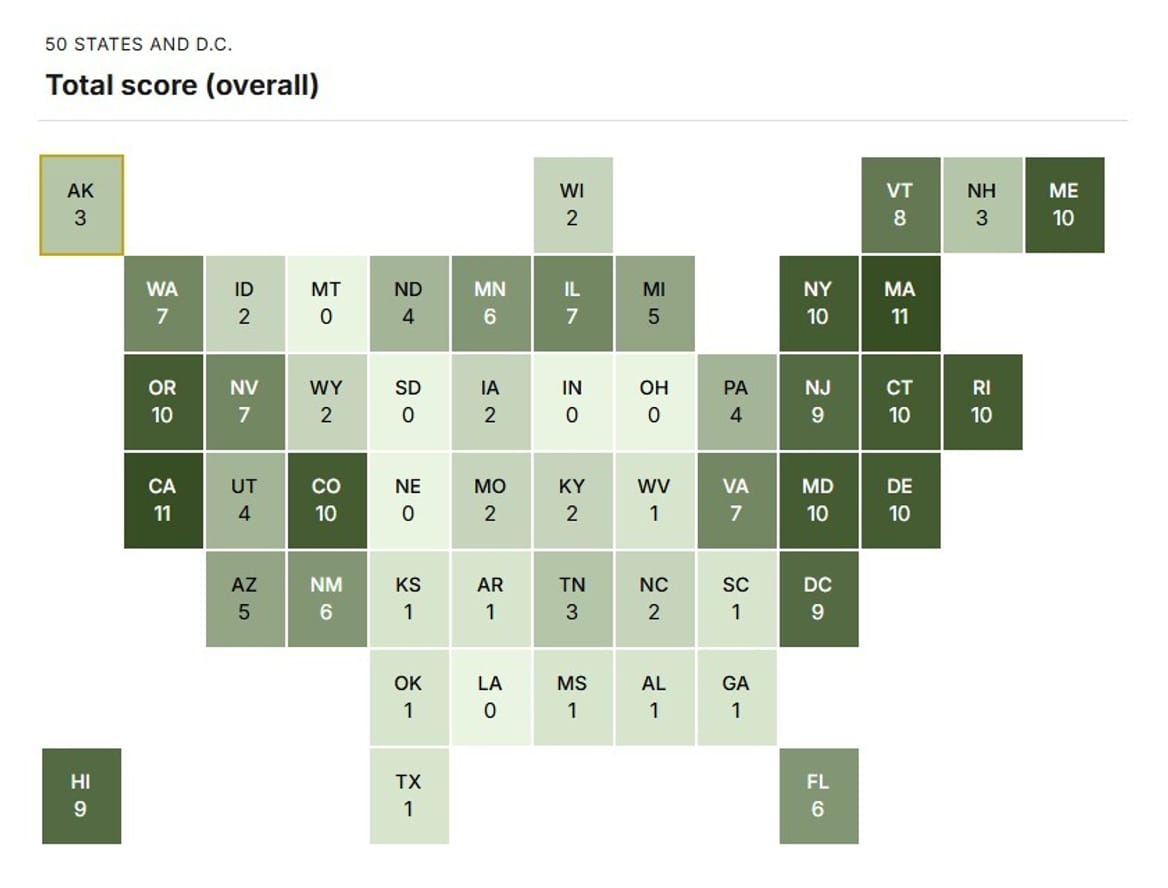 A map that ranks how many policies states have in place to promote EVs.