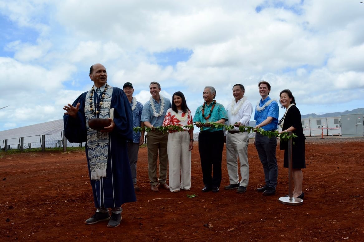 A group of people at an opening ceremony at a solar-plus-storage facility in Hawaii
