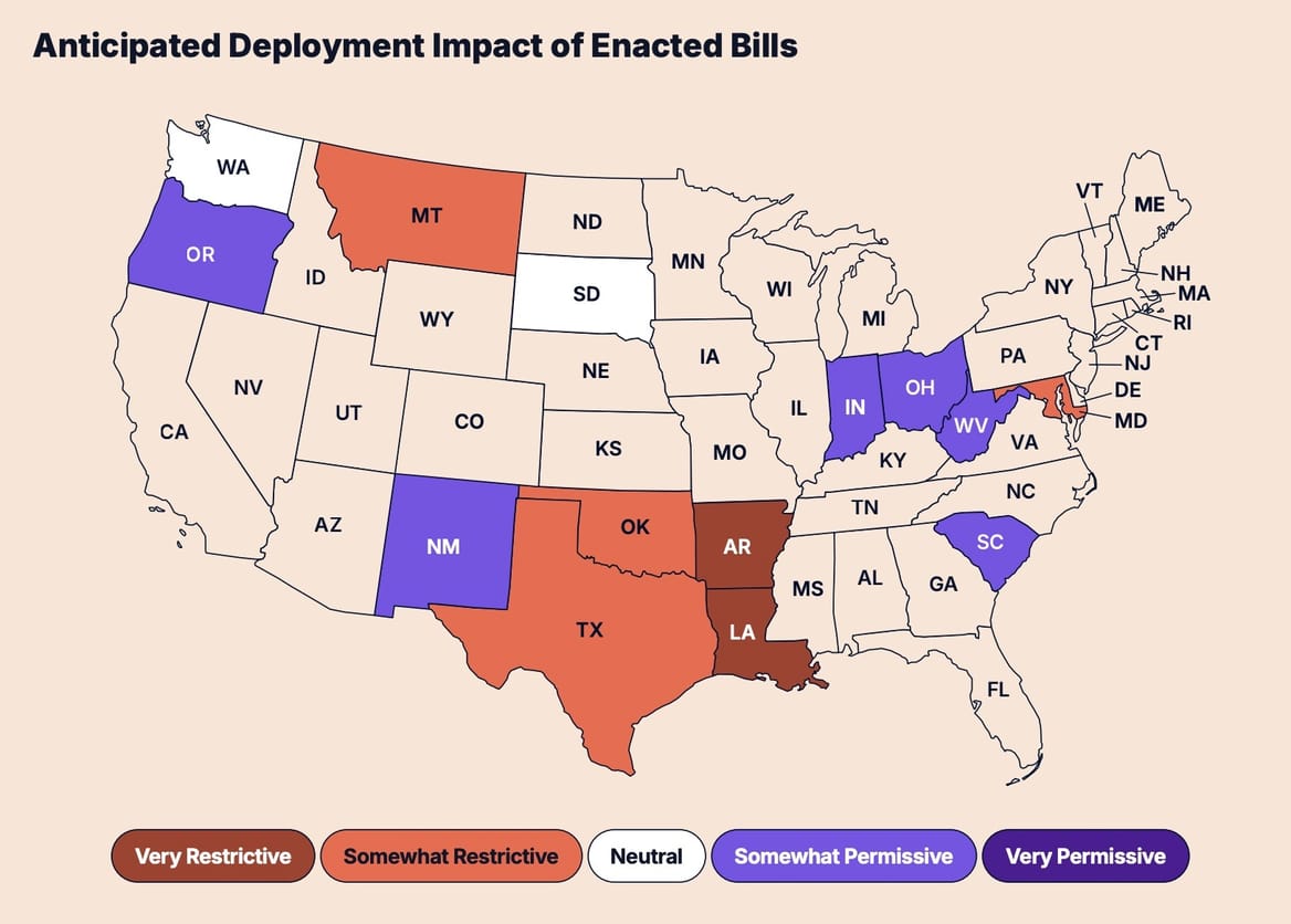 Map of the US titled "Anticipated Deployment Impact of Enacted Bills" in 2025