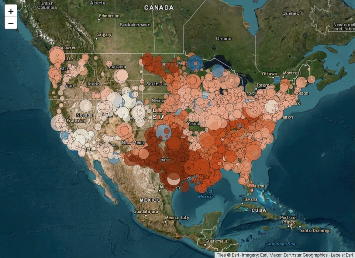 Map of US with variously colored circles for industrial clusters