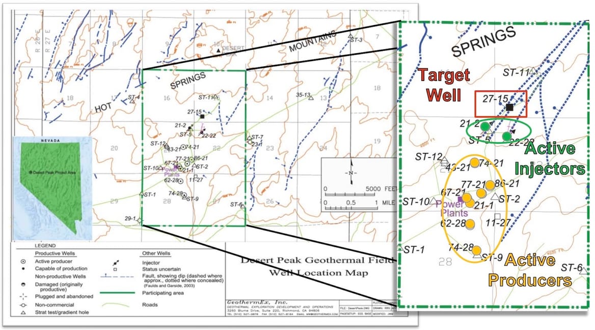 Map Hot Springs Mountains with target wells, active injectors, active producers
