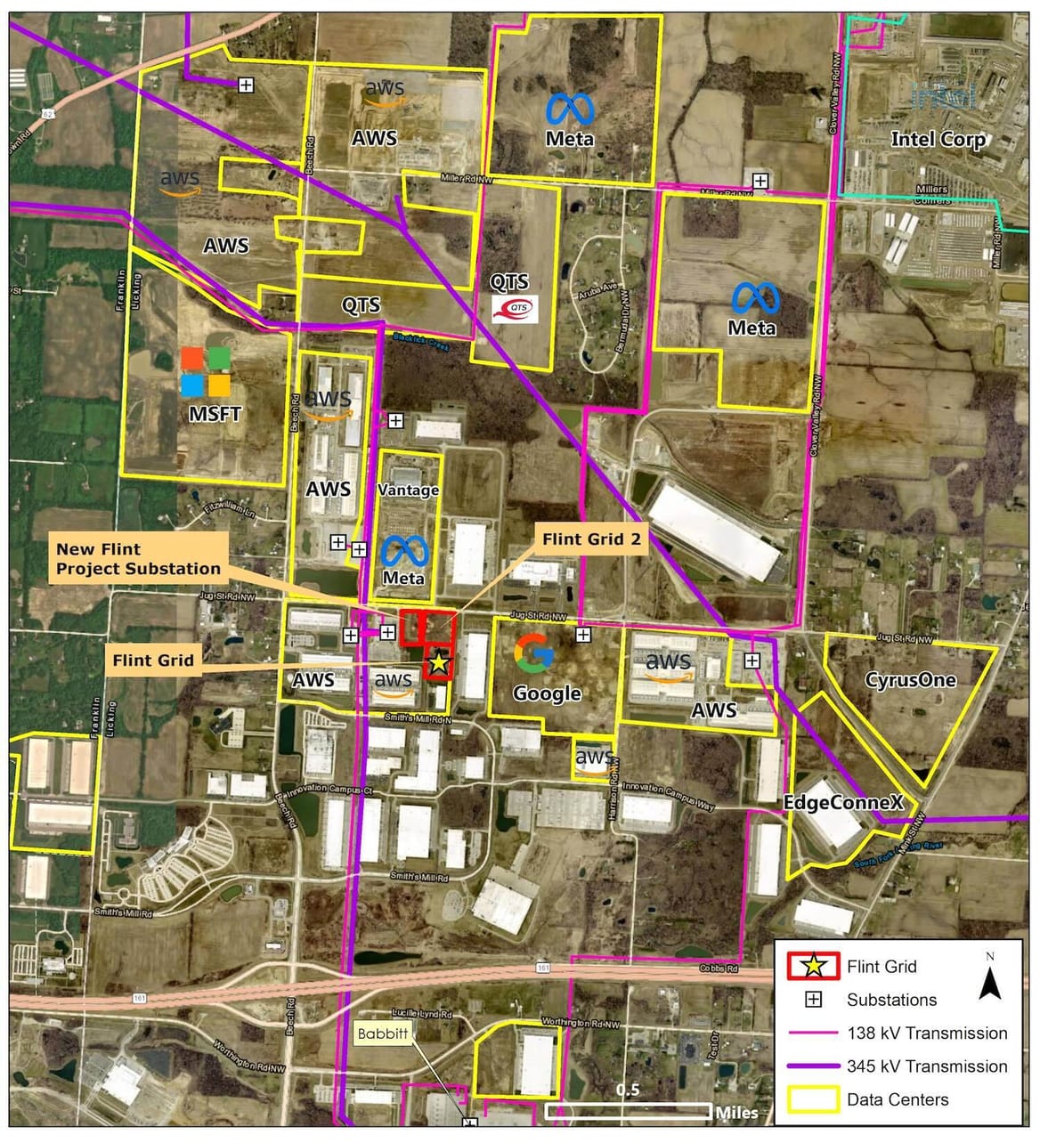 Map of warehouses labeled with names of tech companies