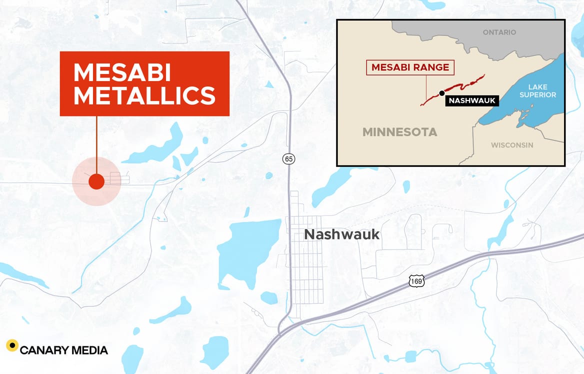 Map showing Mesabi Metallics and Nashwauk, Minnesota; inset map of Minnesota showing Mesabi Range and surrounding states