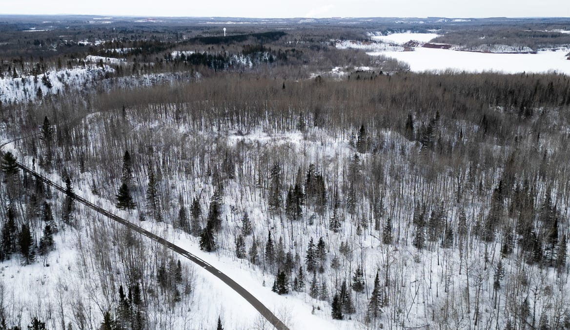 Snowy scene of a road through forested land