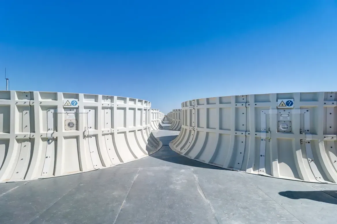 Close up of white cooling towers