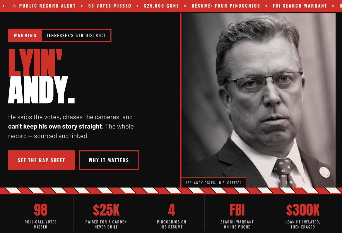 Black ad with mostly red text and a photo of a man in black and white