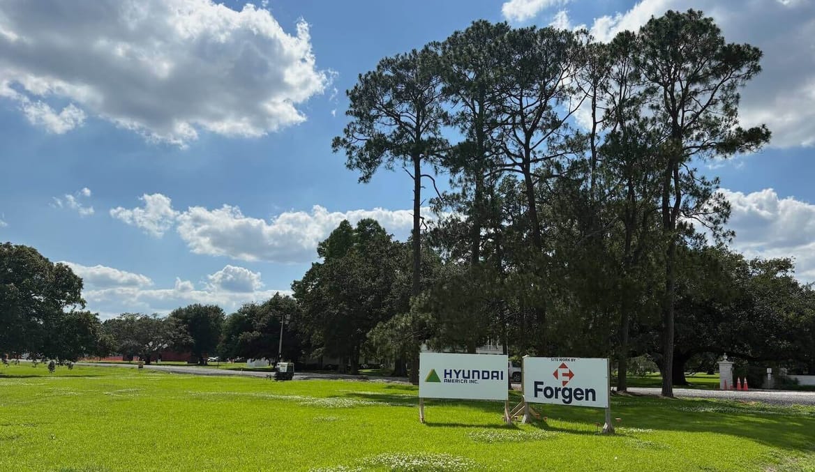 Signs for Hyundai and Forgen on a lawn with trees; blue puffy-cloudy sky