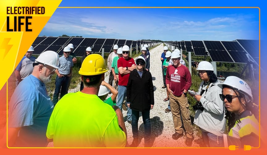 A group of people in white hard hats on a path between solar panels and a man in yellow hard hat with green shirt facing them