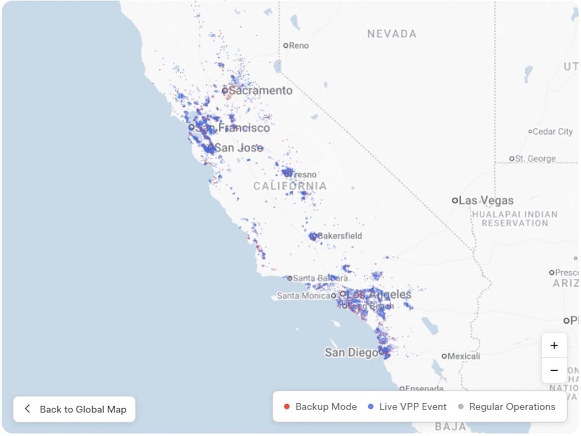 Tesla's map of Powerwall batteries in homes in California enrolled in VPPs.