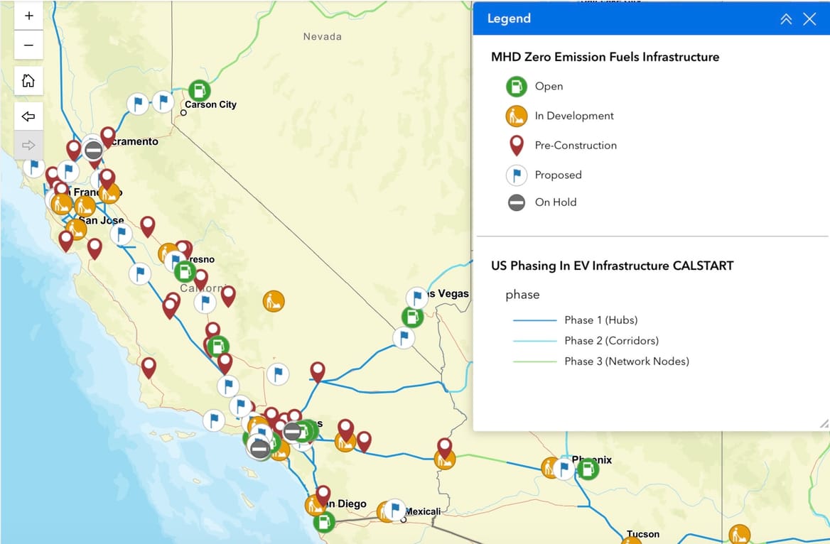 California centered screenshot of interactive map of heavy-duty electric vehicle charging stations in the U.S.
