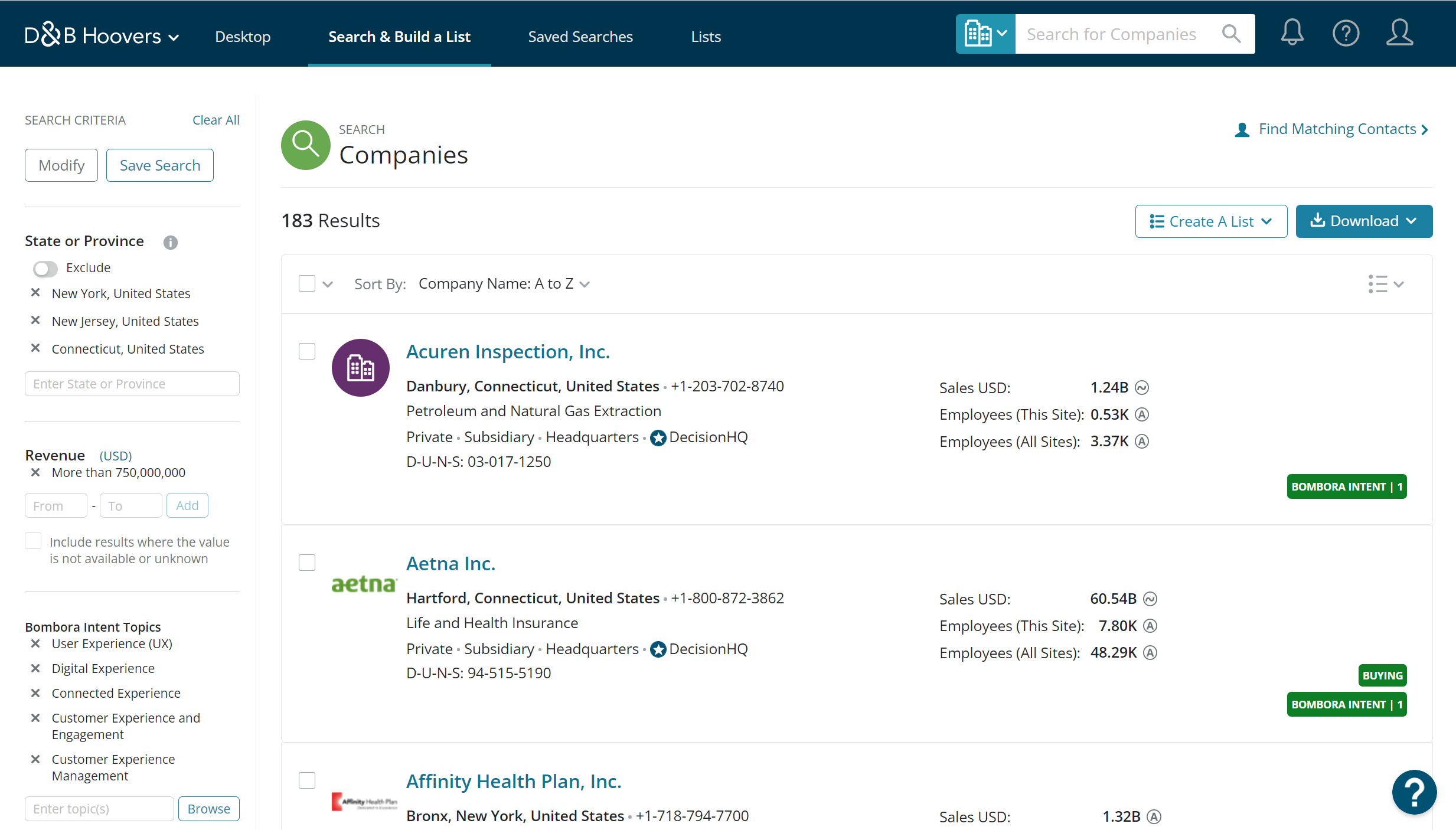 D&B Hoovers (Dun & Bradstreet) interface showing verified global B2B contact data and buyer intent signals