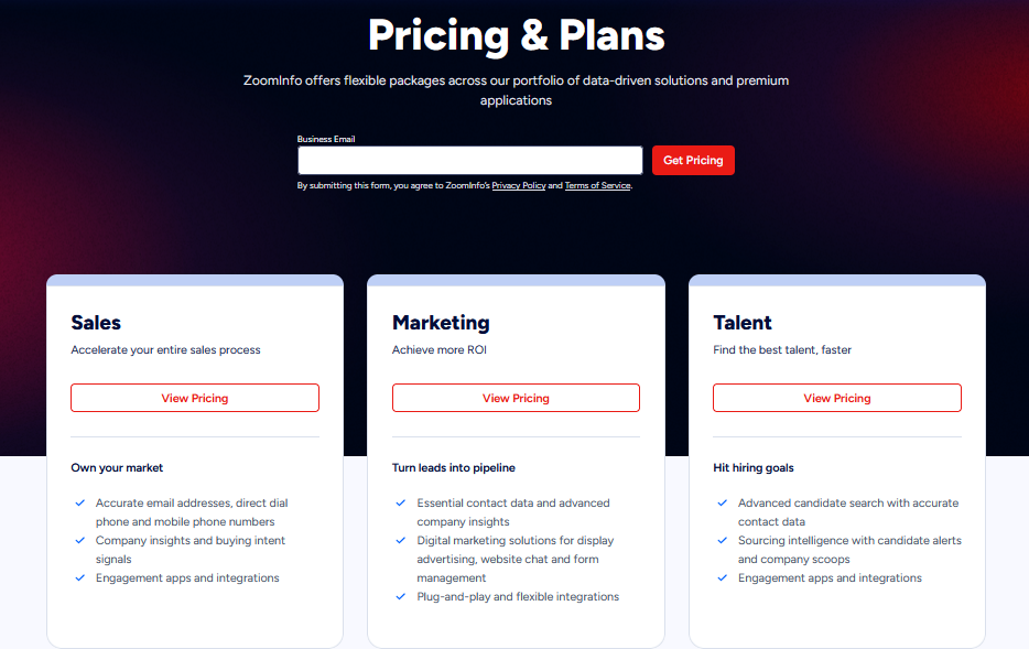 ZoomInfo official pricing page showing no listed prices, only a request form for custom quotes via business email