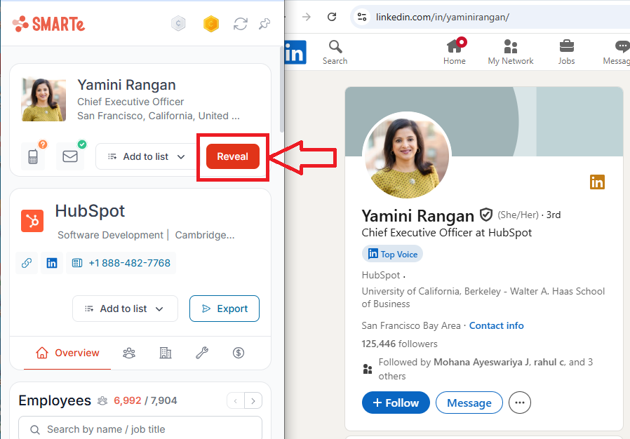 Use the SMARTe extension to find phone number from LinkedIn or company websites by clicking Reveal on detected contact profiles.