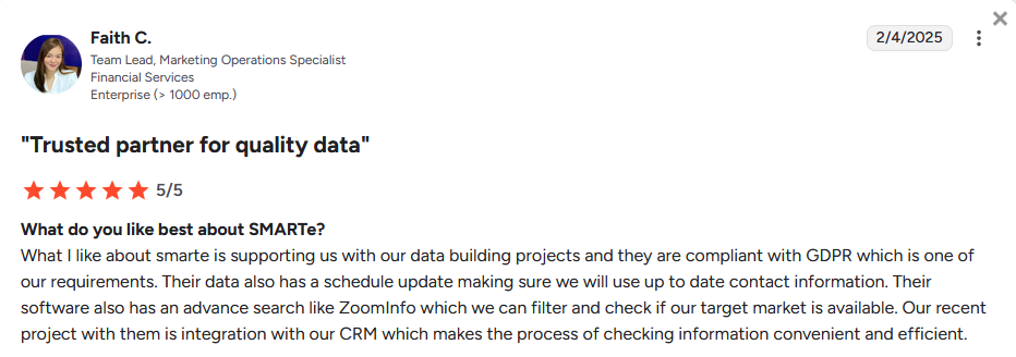 G2 reviews highlighting SMARTe's accurate USA B2B contact data and high user satisfaction