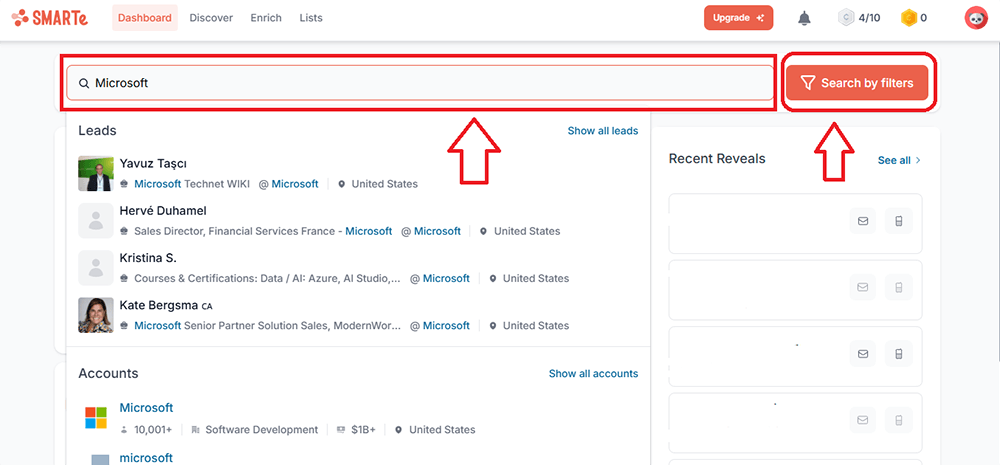 Use SMARTe dashboard to search contacts or companies