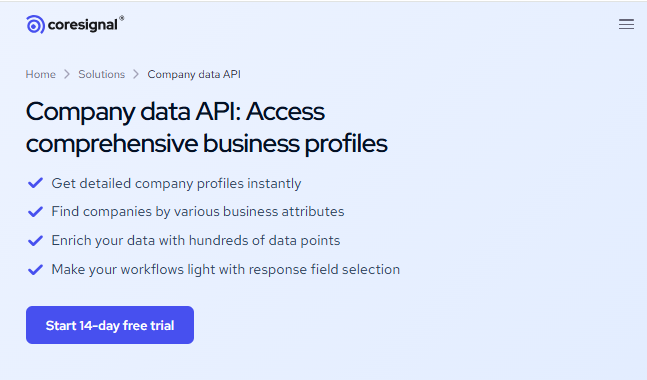 Coresignal API showing company and employee data with advanced filters for research and analytics