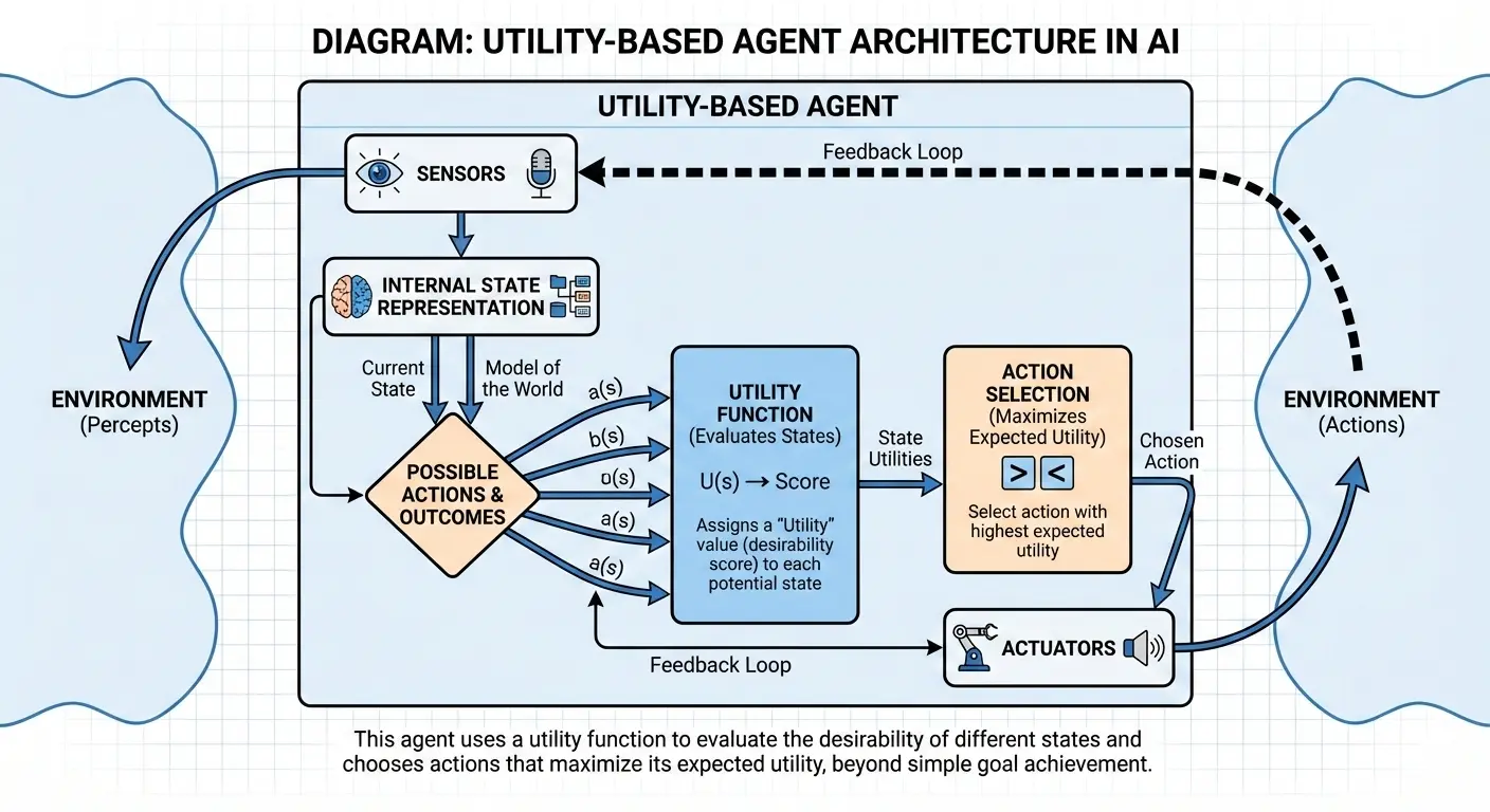 Diagram illustrating how a utility based AI agent compares outcomes using a utility function