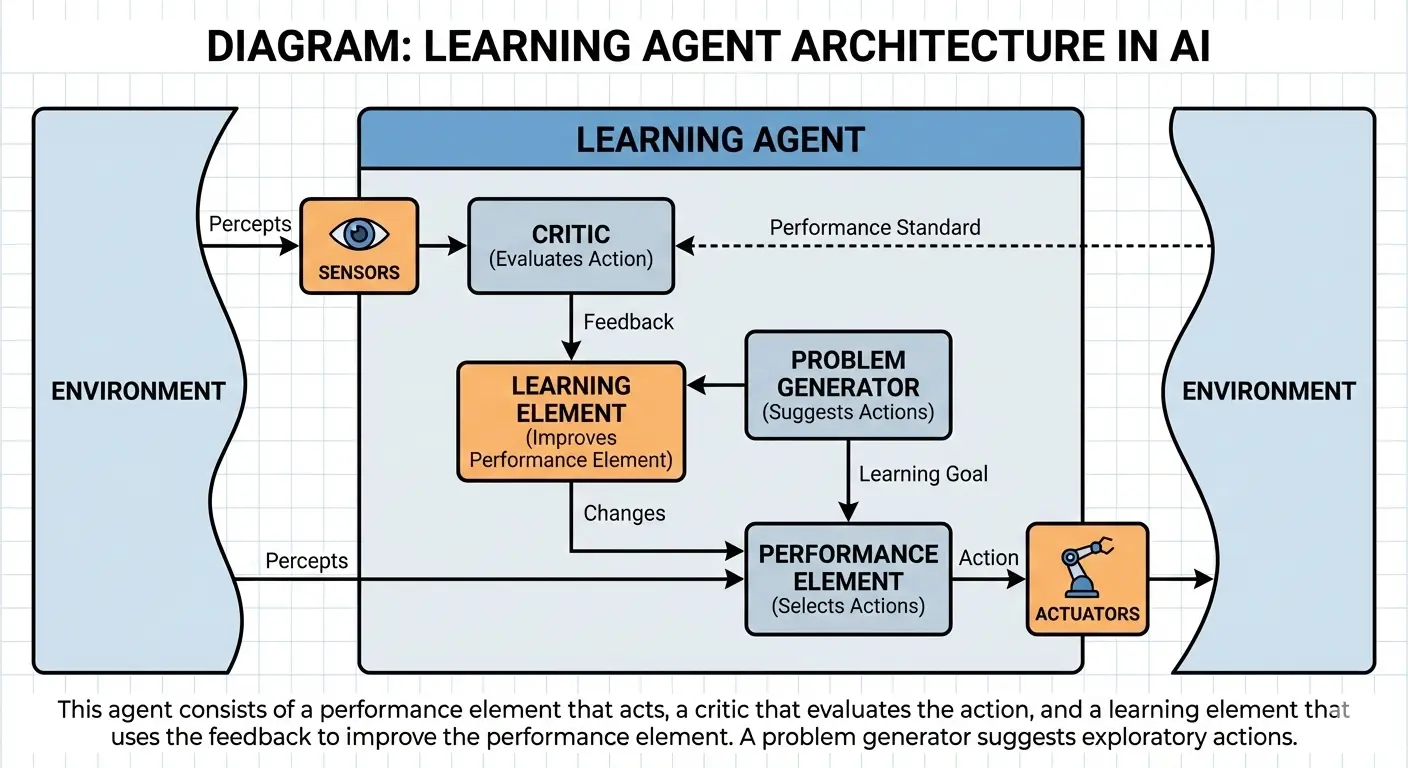 Diagram showing how a learning AI agent adapts behavior using feedback loops