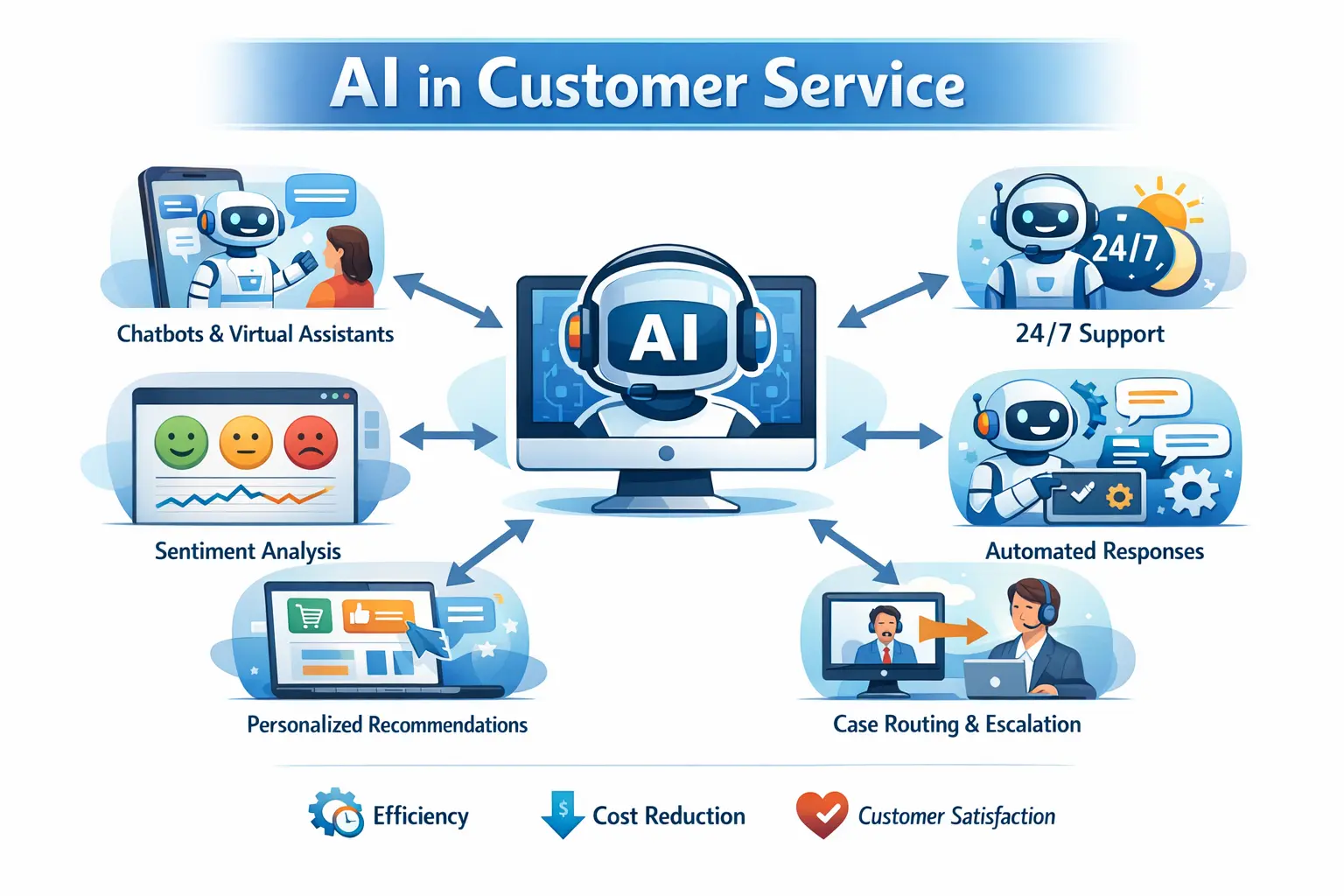 What is AI in customer Service a clear image showcasing Benefits and use cases of AI 