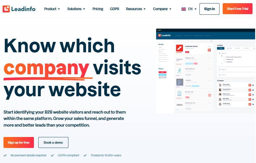 Leadinfo marketing page highlighting visitor identification and LinkedIn data — Leadfeeder alternative