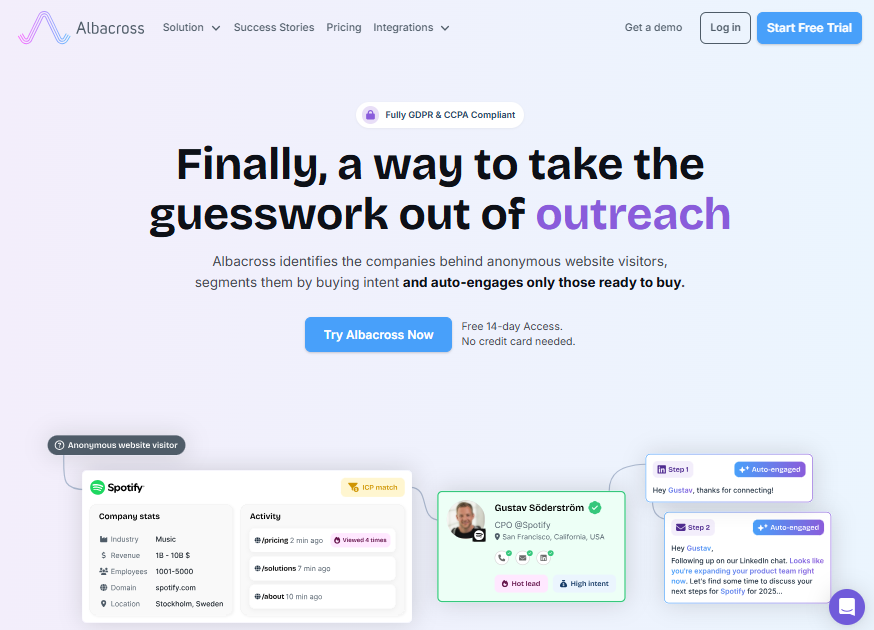 Albacross homepage showing real-time B2B visitor tracking — affordable Leadfeeder competitor for SMBs