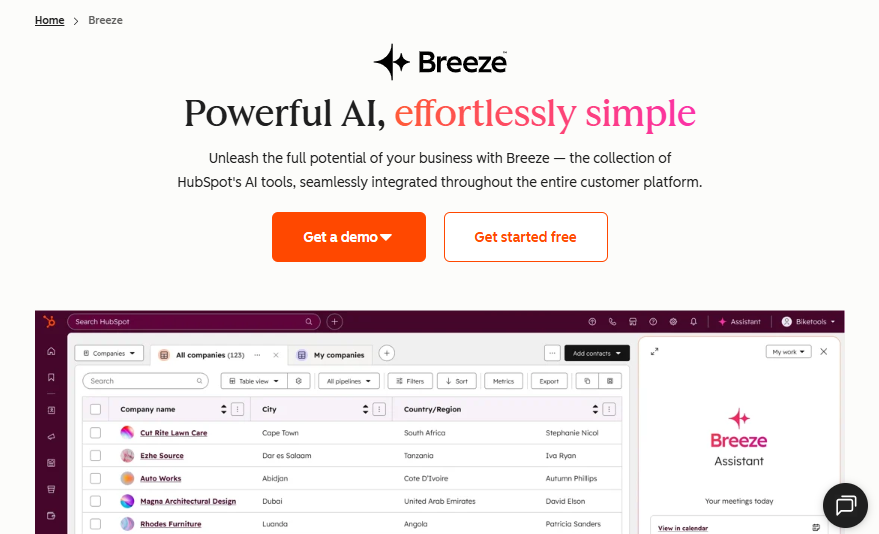 Breeze Intelligence by HubSpot homepage showing AI-powered lead enrichment