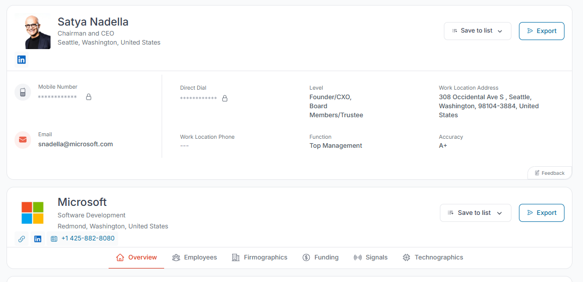 SMARTe platform showing CEO phone number search with C-level filters and verified direct dial results