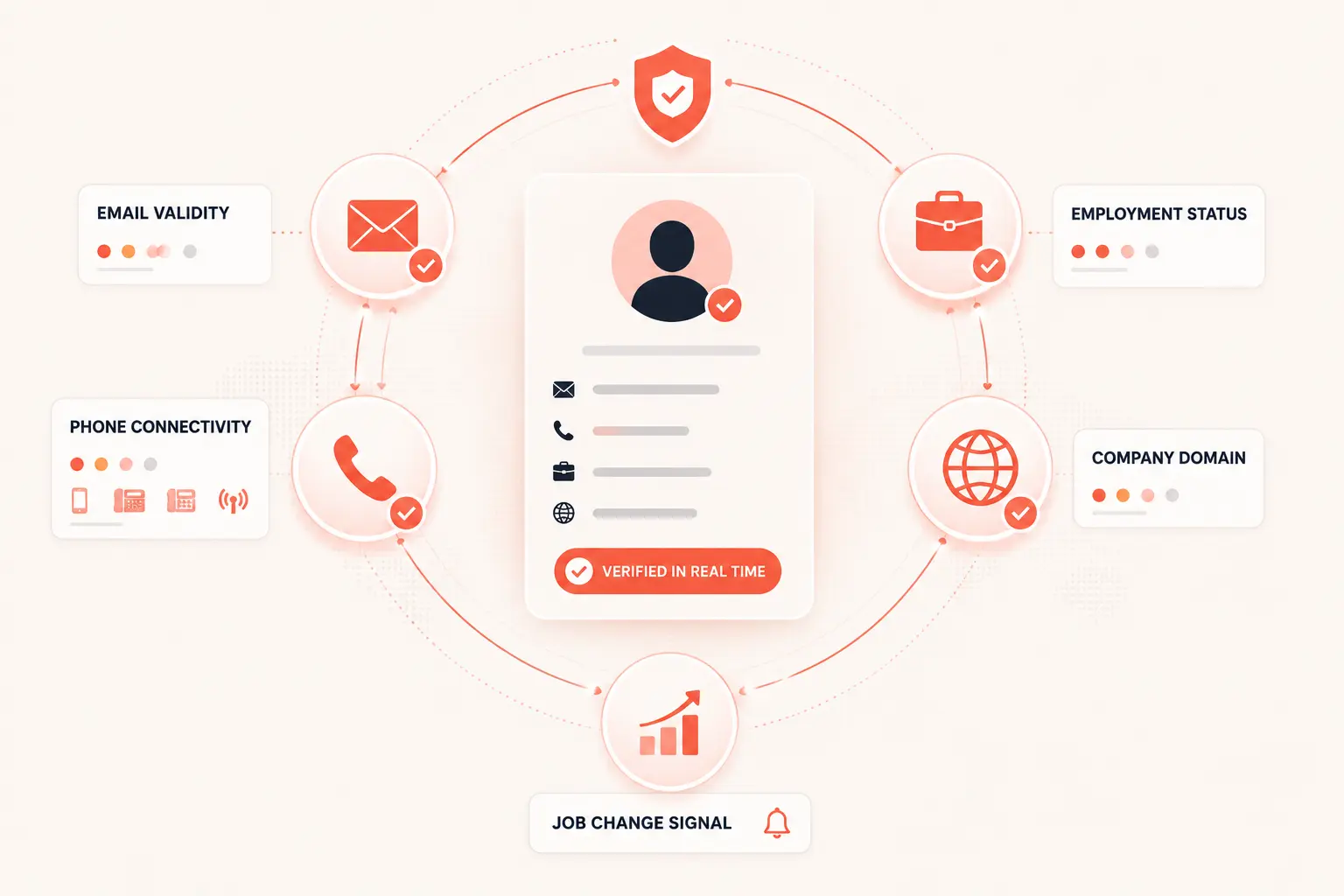 Illustration showing real-time B2B data verification checks including email validation, phone connectivity, employment status, company domain verification, and job change signals.