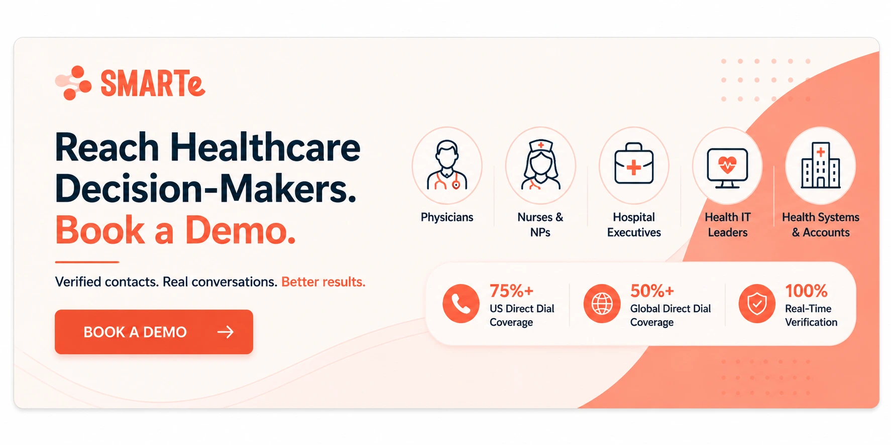 Book a demo with SMARTe to access verified healthcare email lists with doctor, nurse, healthcare executive, and Health IT contacts.
