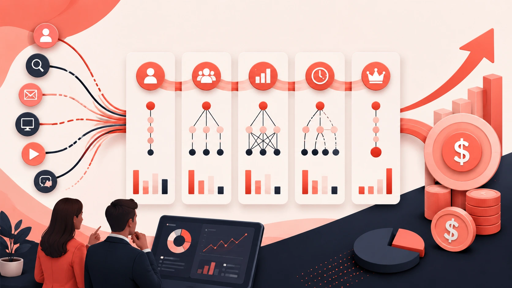 Illustration of B2B revenue attribution models with marketing channels, customer journey touchpoints, attribution frameworks, analytics dashboards, and revenue growth tracking to measure campaign performance and marketing ROI.