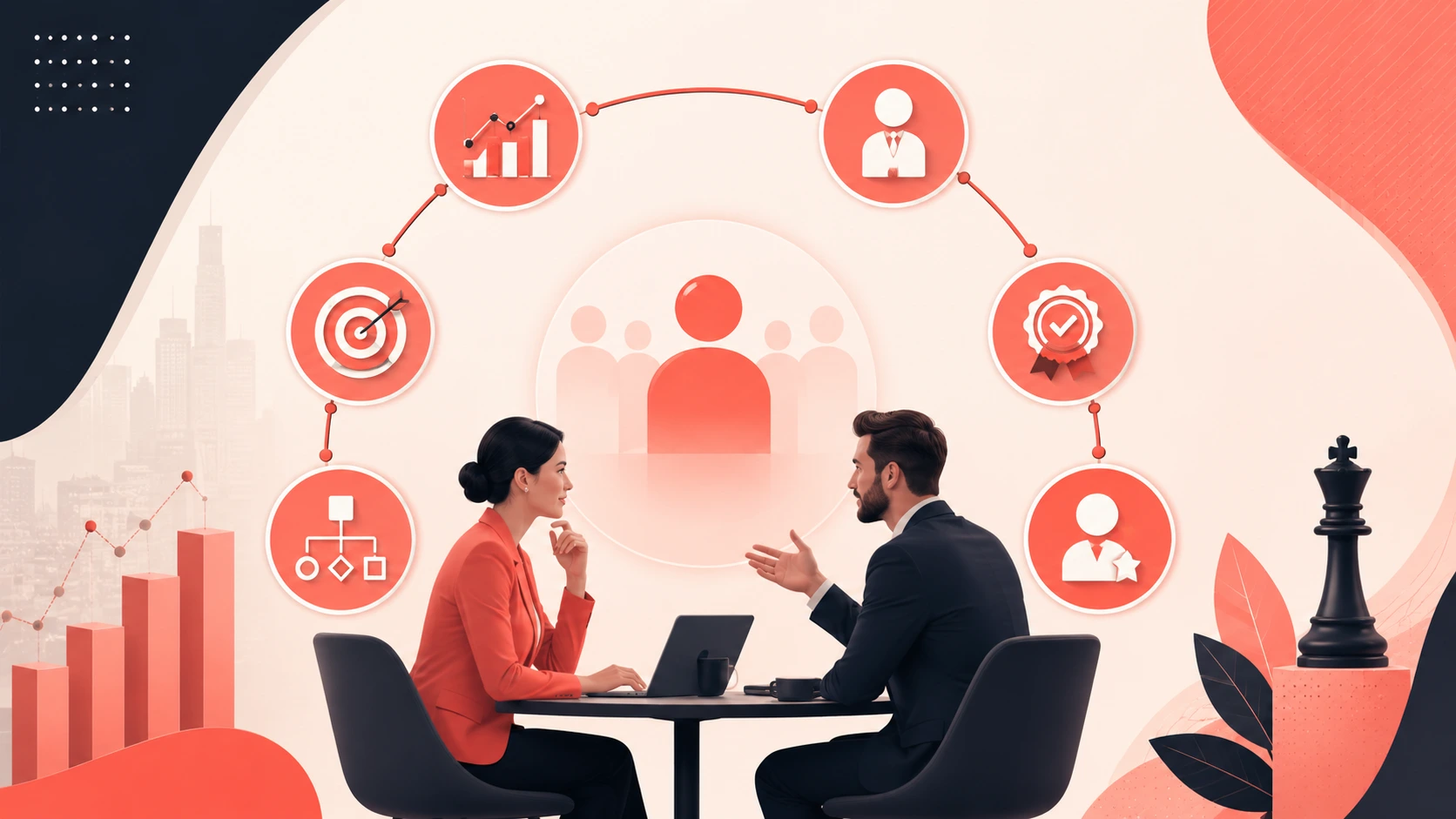 MEDDIC sales methodology illustration showing a sales representative qualifying a B2B deal through buyer evaluation, stakeholder analysis, decision criteria assessment, and revenue-focused sales planning