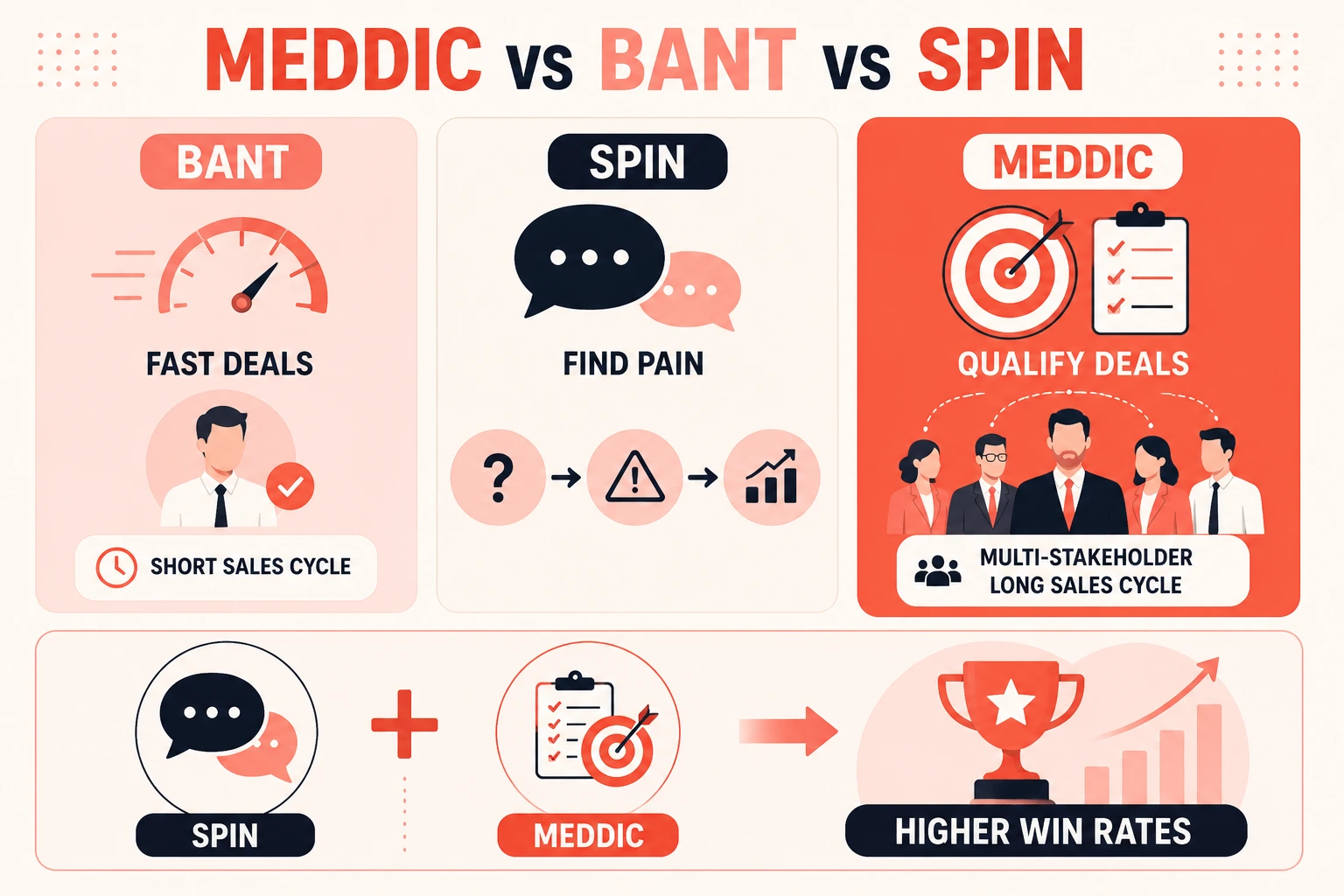Comparison of MEDDIC, BANT, and SPIN sales methodologies showing when to use each framework and how combining SPIN and MEDDIC improves qualification for complex B2B sales opportunities