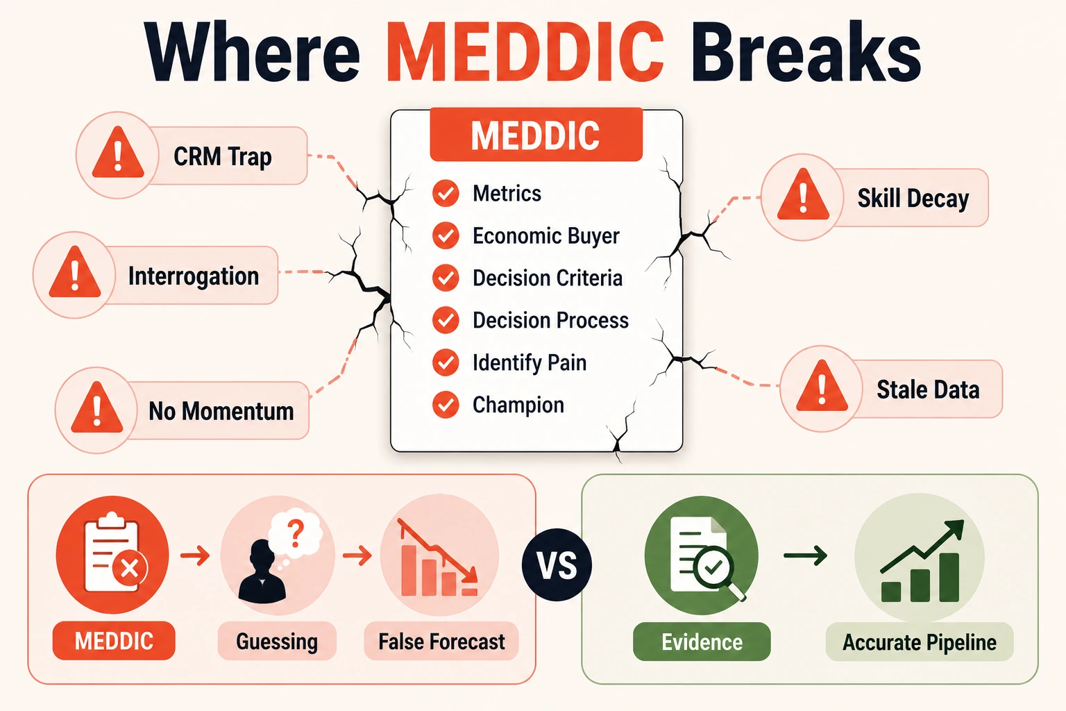 Illustration showing common MEDDIC sales methodology mistakes, including CRM checkbox qualification, interrogation-style discovery, lack of deal momentum, skill decay, stale contact data, and their impact on sales forecasting accuracy.