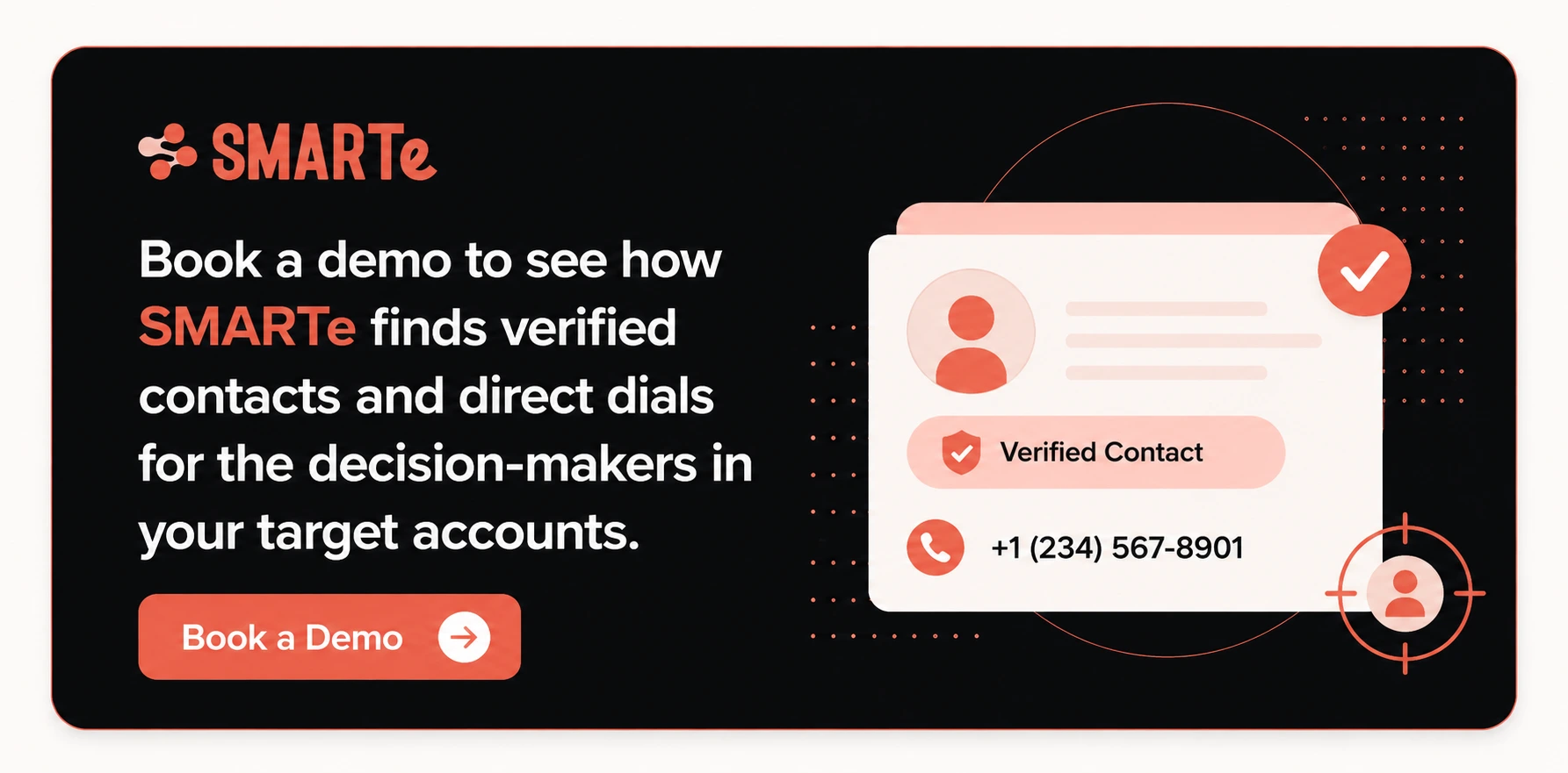 SMARTe call-to-action banner inviting visitors to book a demo and discover verified B2B contacts, direct dials, and decision-maker data for target accounts.